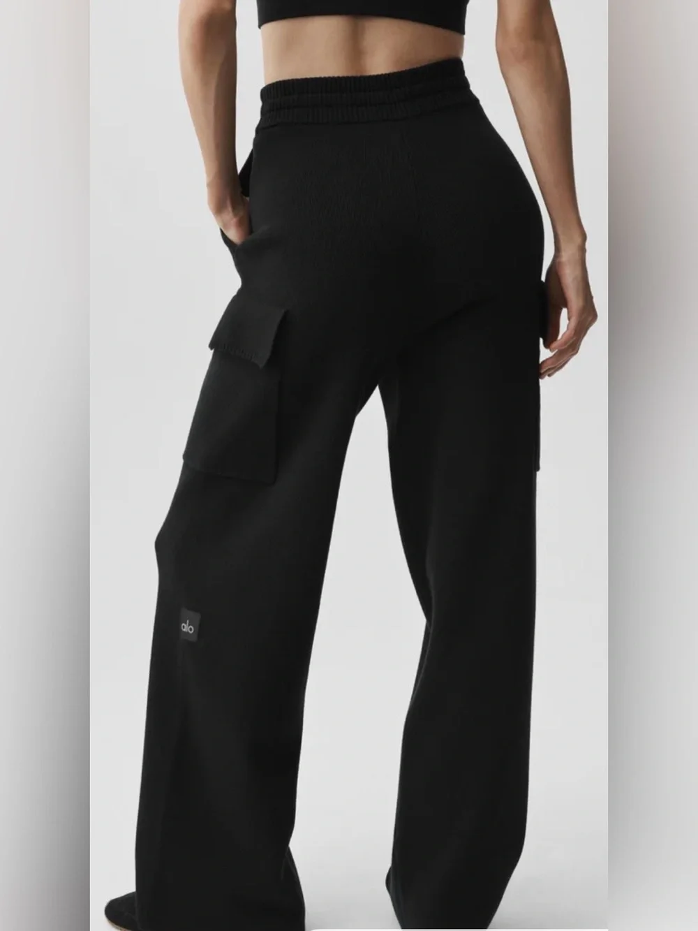 ALO Yoga Black Scholar Knit High-Waist Cargo Pant Trousers